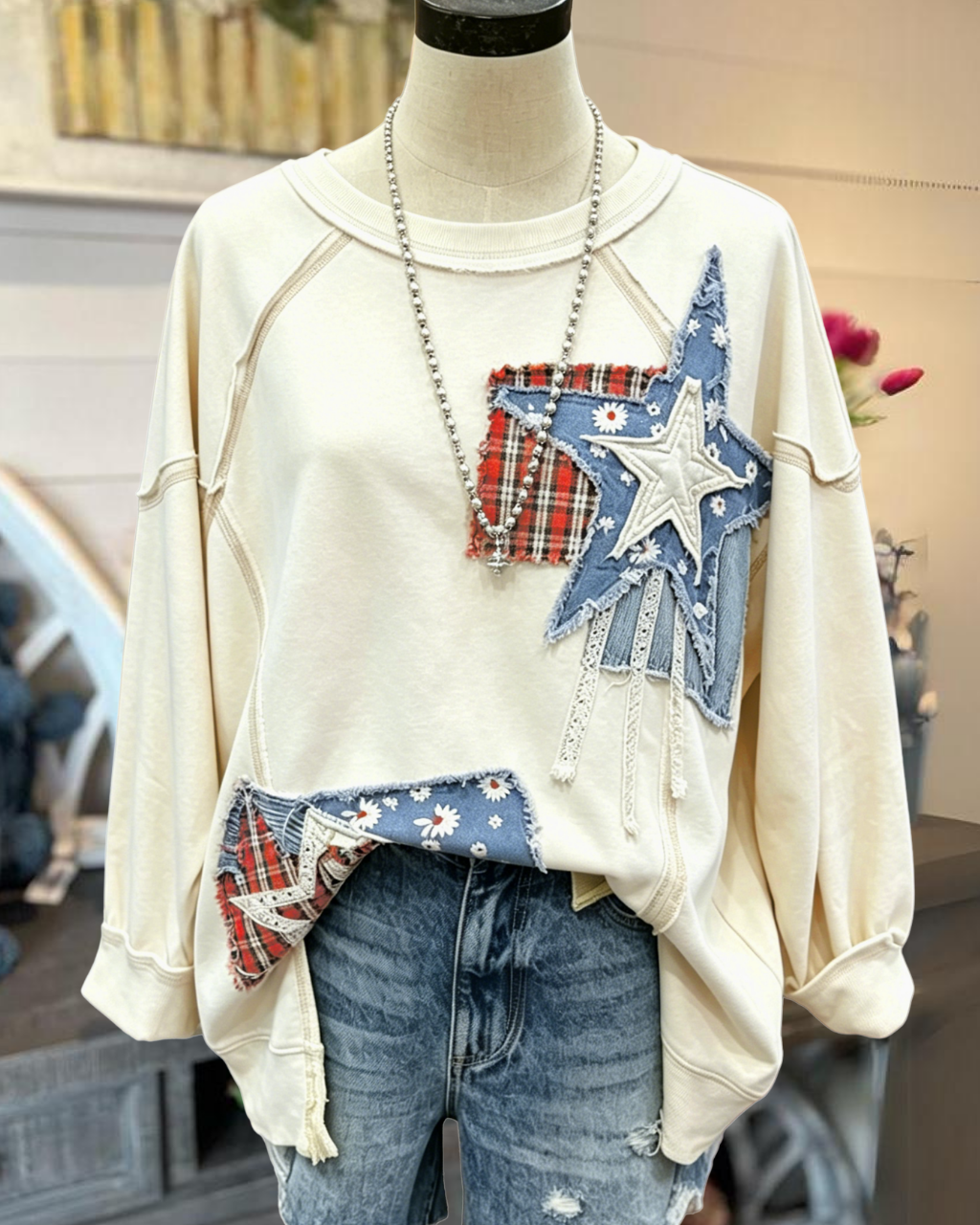 Star Denim Patch Embroidered Sweatshirt