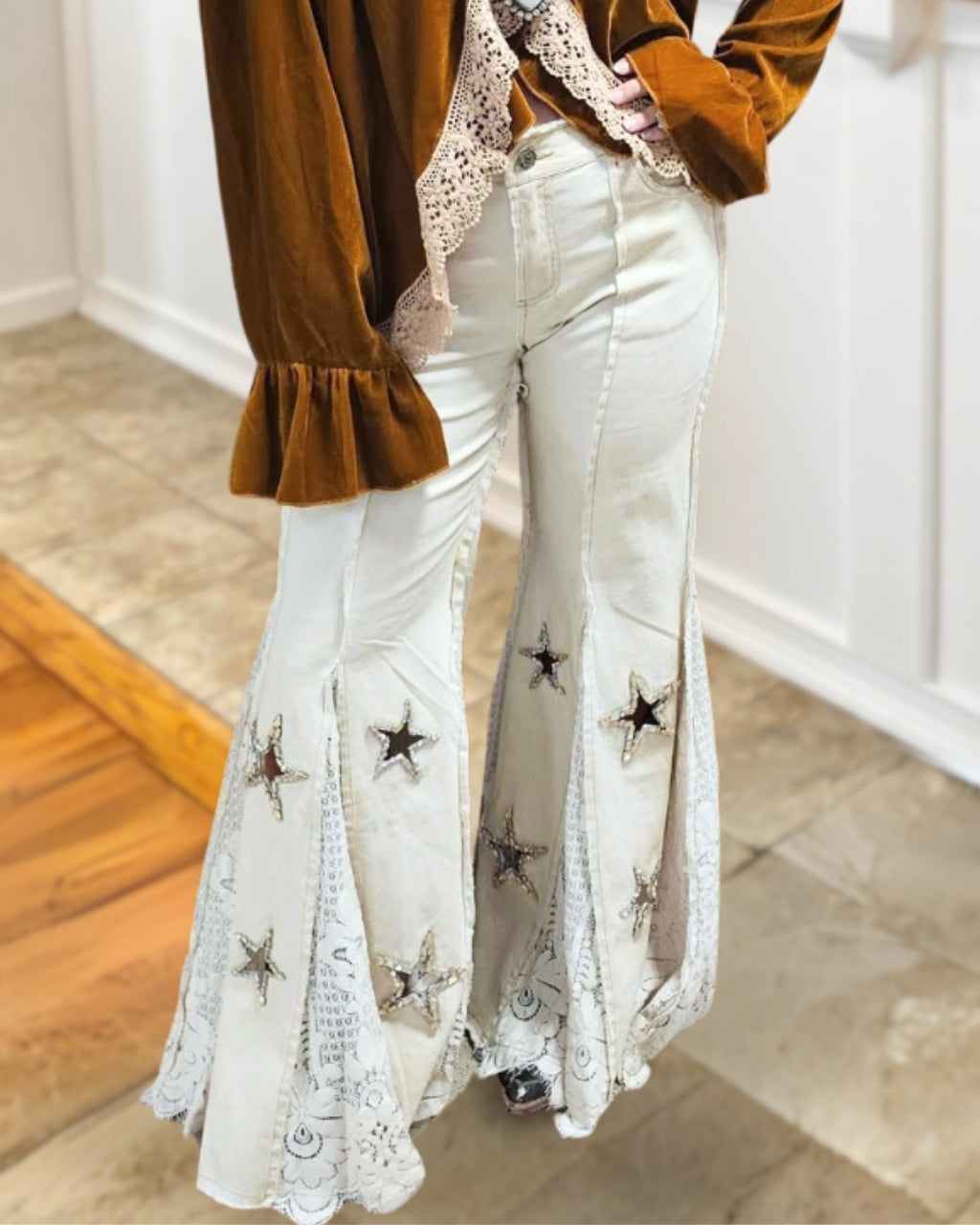 Star Rhinestone Lace Patchwork Flared Pants