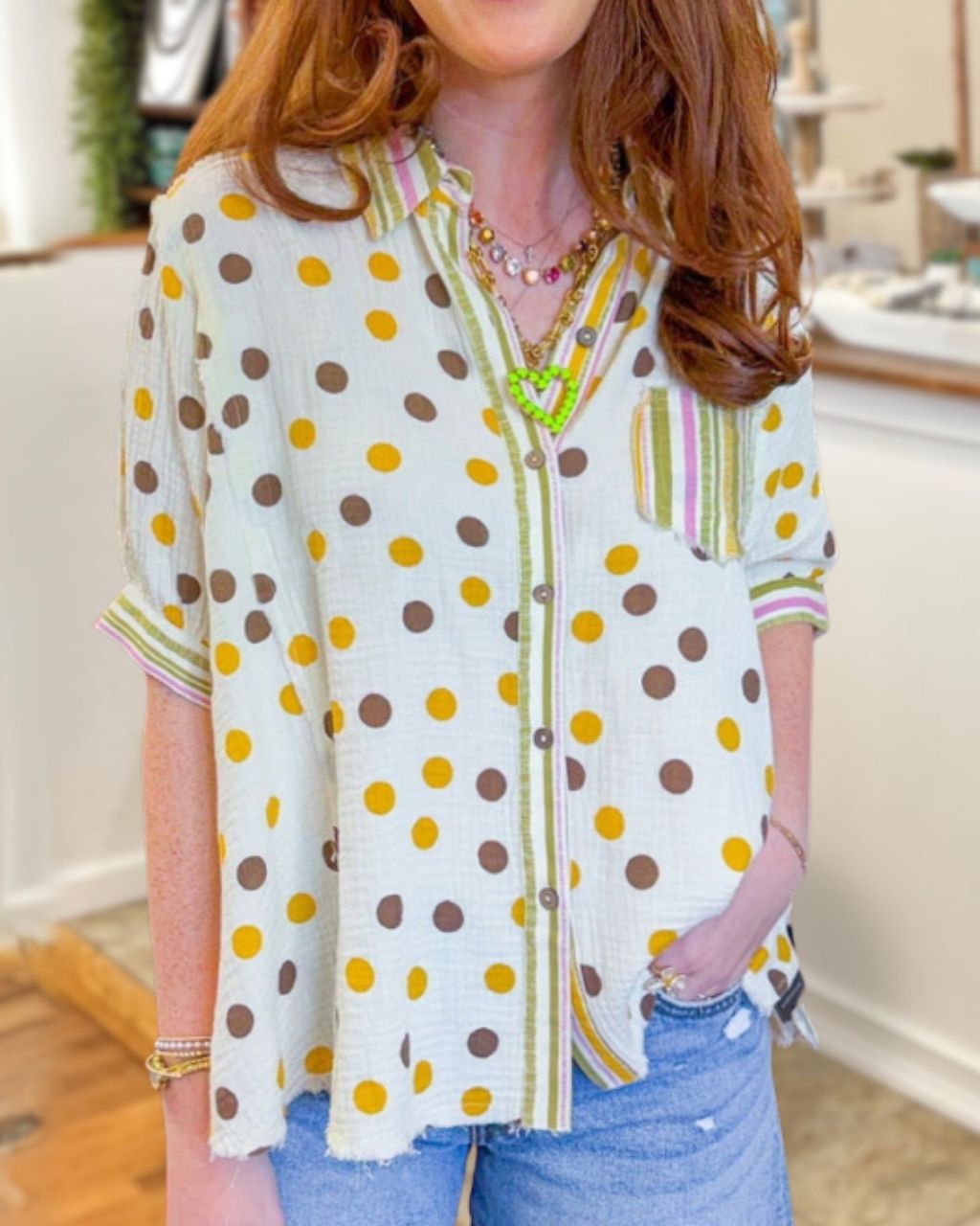 Polka Dot Striped Trim Shirt