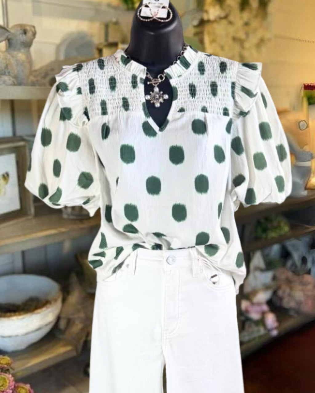 Polka-Dot Ruched Satin Top