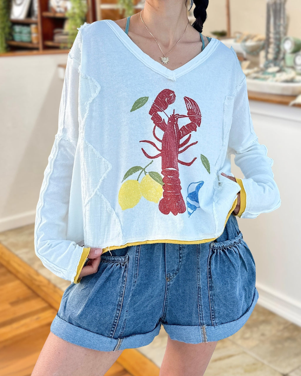 Lobster Embroidered V-Neck Top