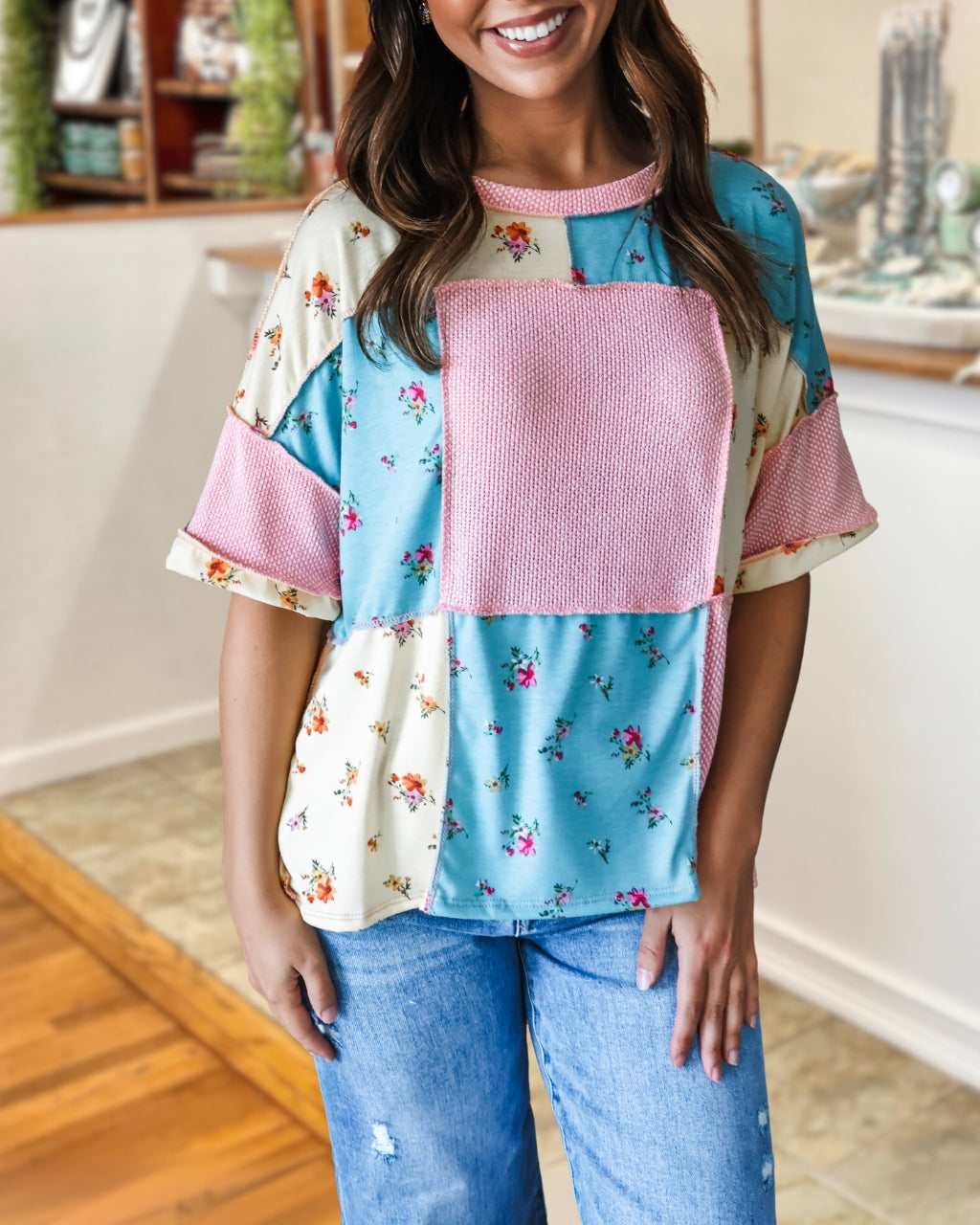 Floral Color-block Patchwork Top