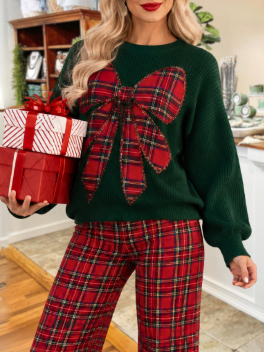 Christmas Bow Appliqué Embroidered Sweater