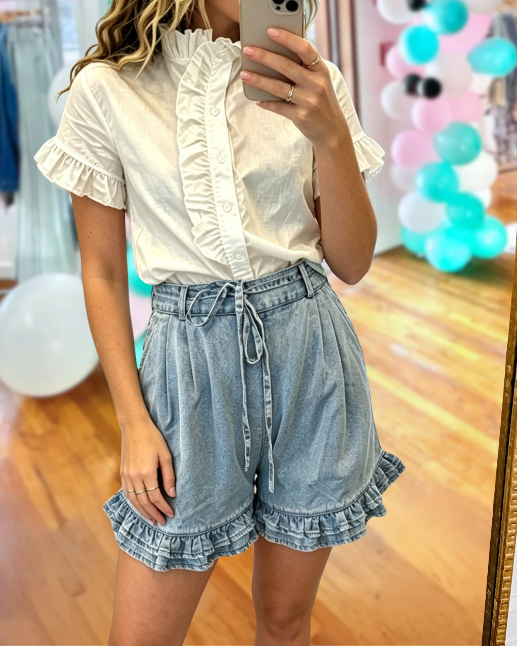 Stylish Ruffle-Trim Denim Shorts