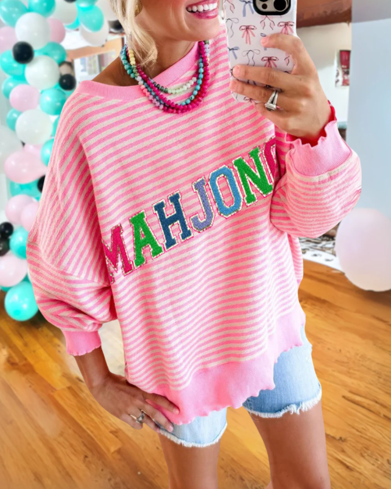 Mahjong Embroidered Striped Sweatshirt