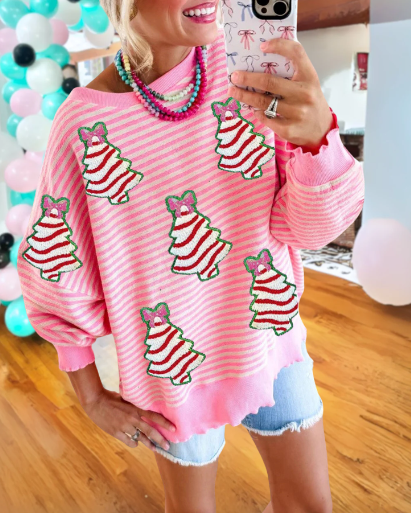 Christmas Tree Embroidered Patch Striped Sweatshirt