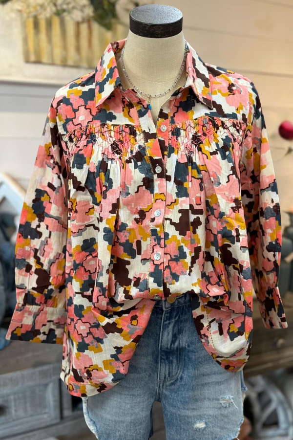 Pink Pixel Print Smocked Shirt