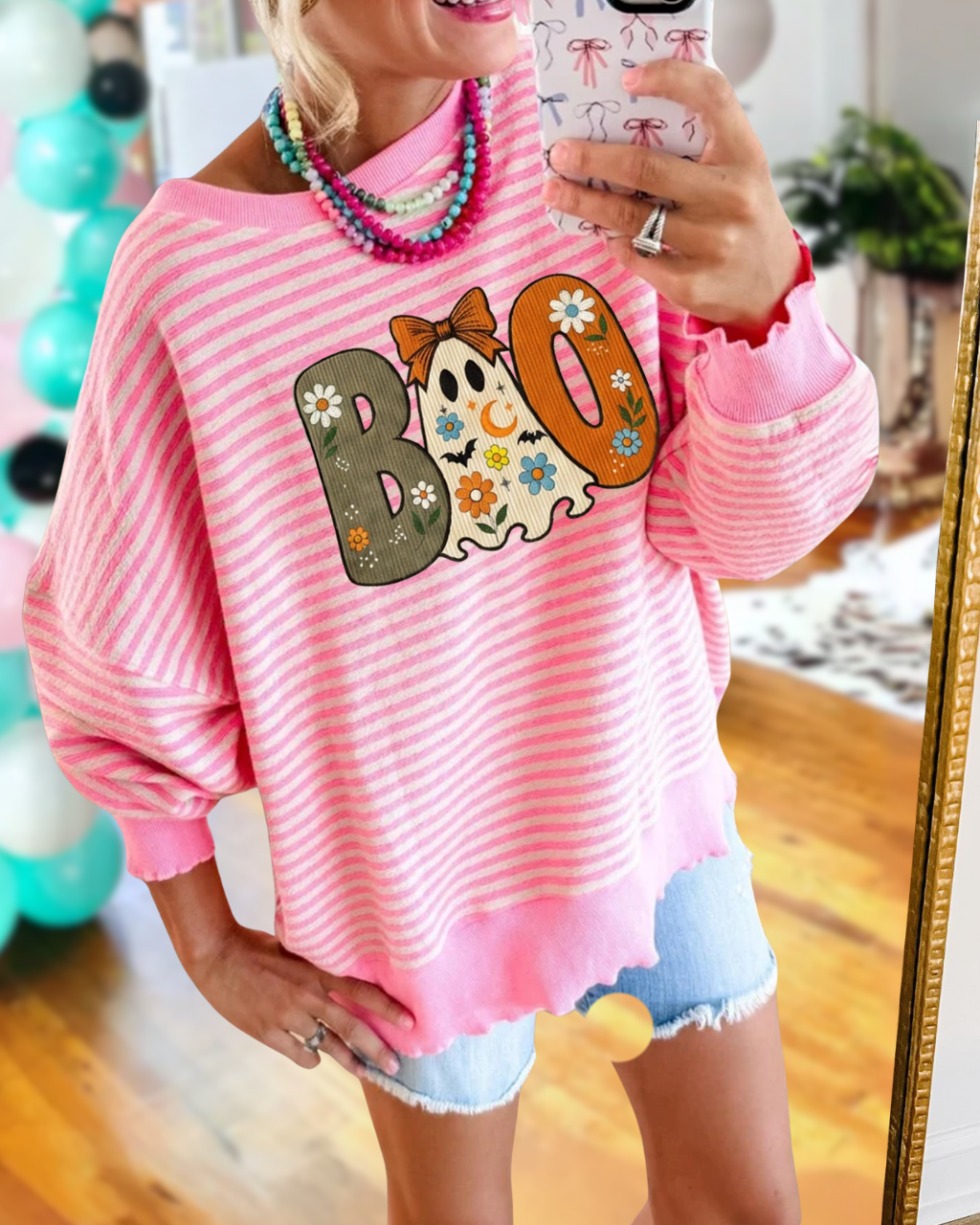 BOO Ghost Flower Print Pullover