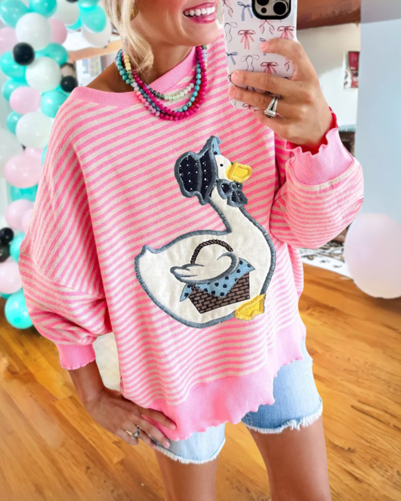 Funny Duck Patch Striped Sweatshirt