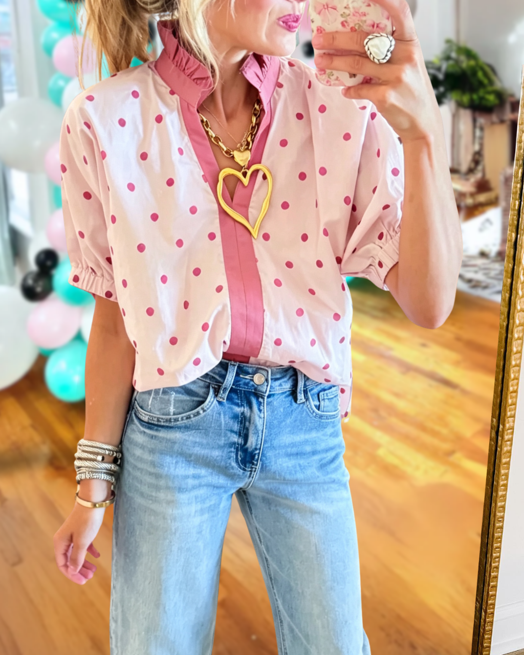 Polka Dot Ruffled Neckline Satin Top