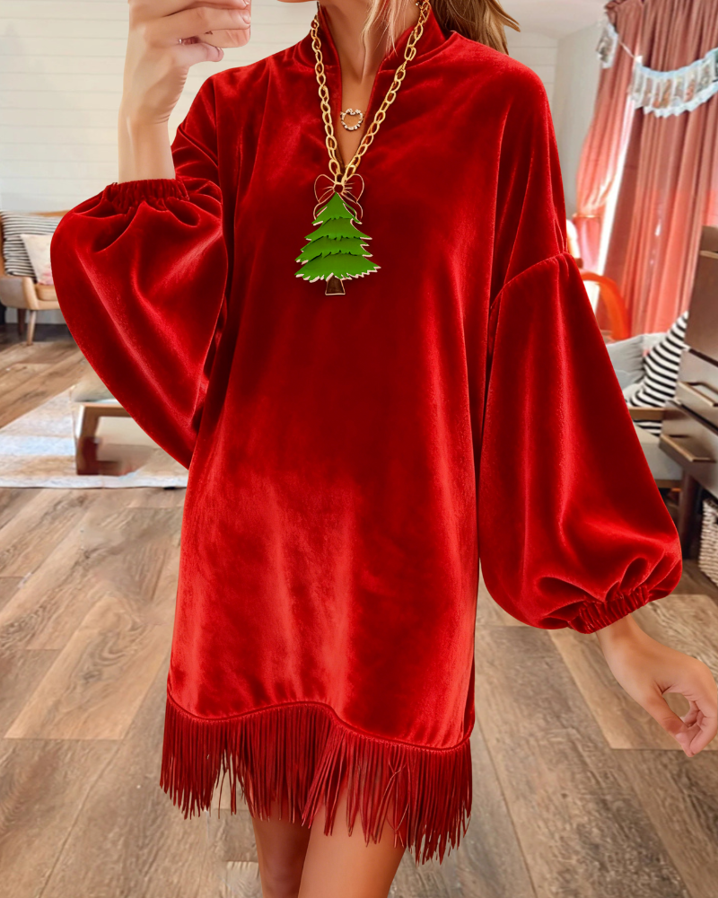 Velvet Tassel V-Neck Mini Dress