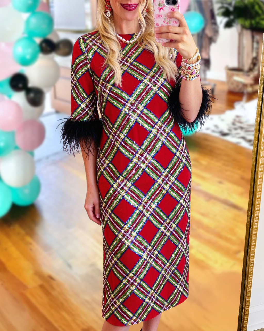 Plaid Feather-Trimmed Satin Dress