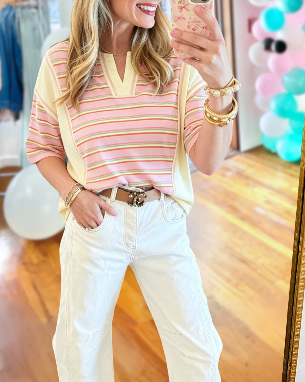 Striped Patchwork V-Neck T-Shirt