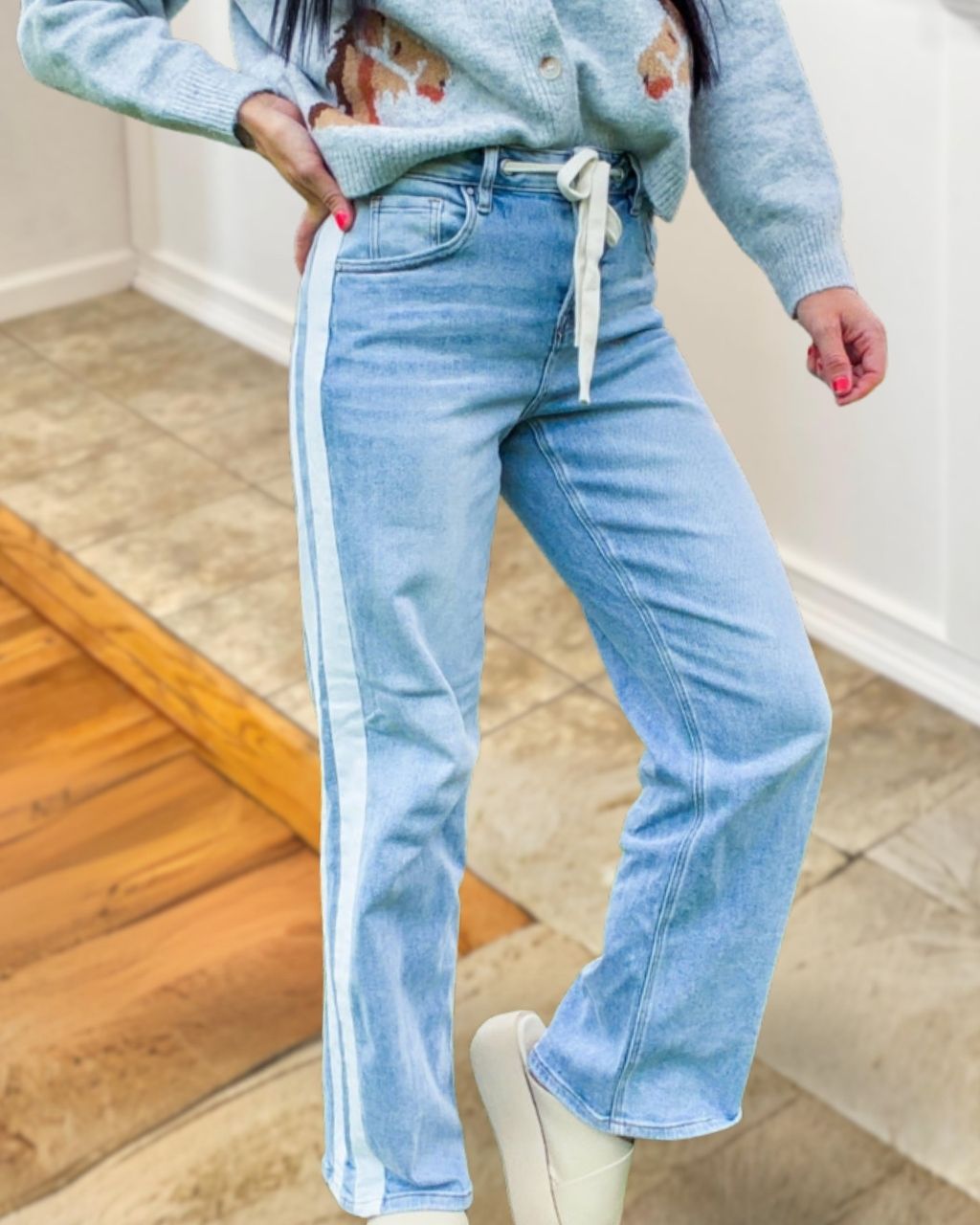 Side Striped Washed Denim Jeans