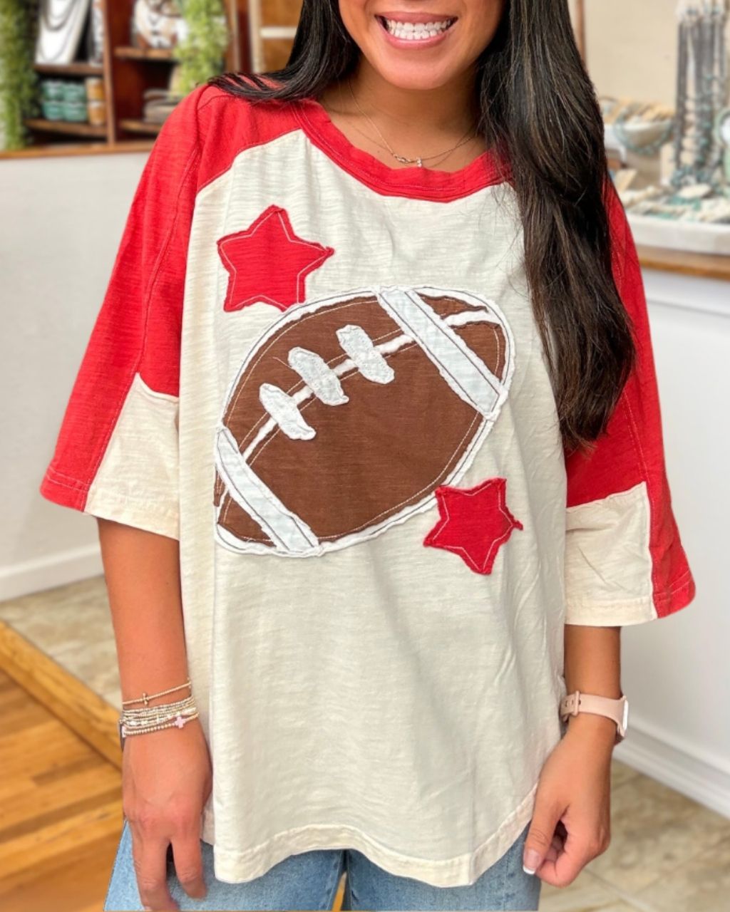 Color-blocked Raglan Football Patch Top