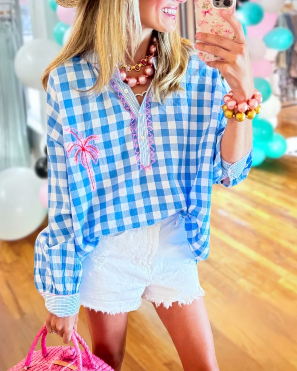 Palm Tree Embroidered Plaid Top