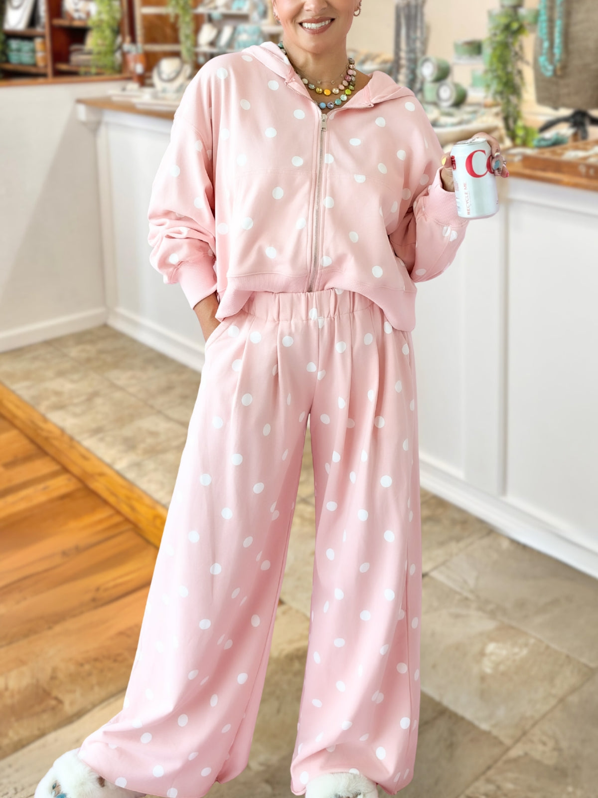 Casual Polka-Dot Hooded Jacket Set