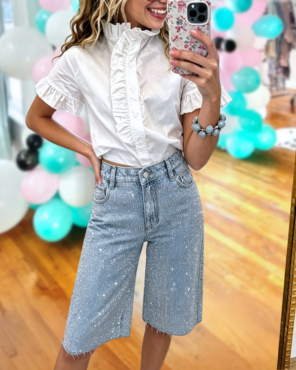 Rhinestone Bermuda Denim Shorts