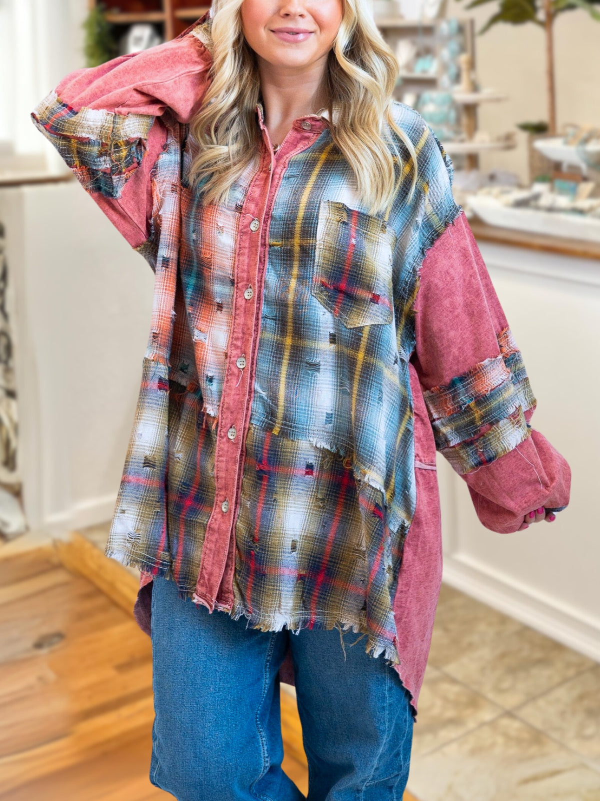Trendy Plaid Paneled Long Length Shirt