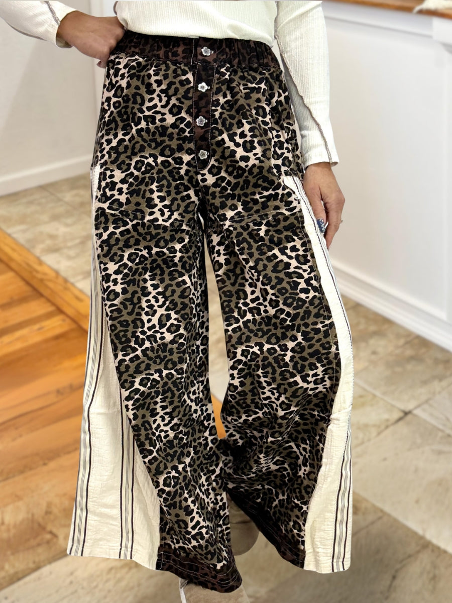 Leopard Print Striped Patchwork Wide-Leg Pants