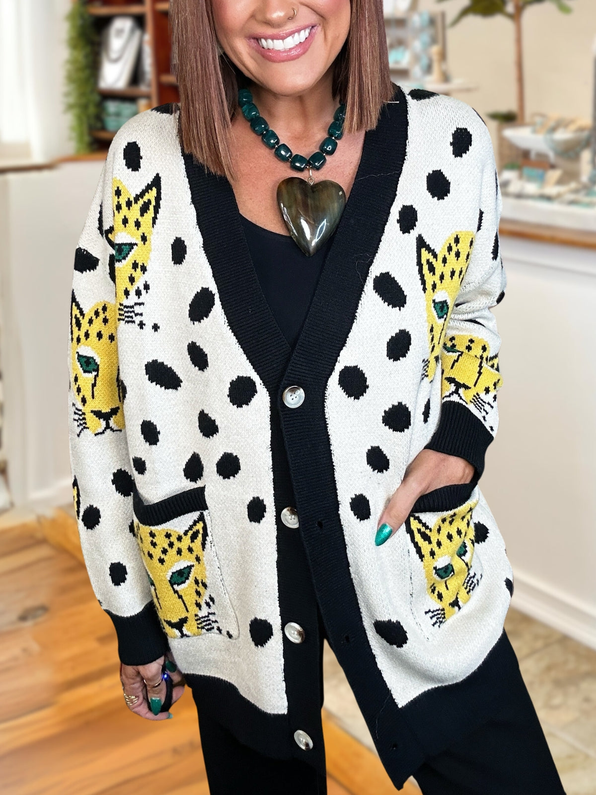 Leopard-Print Polka-Dot Cardigan