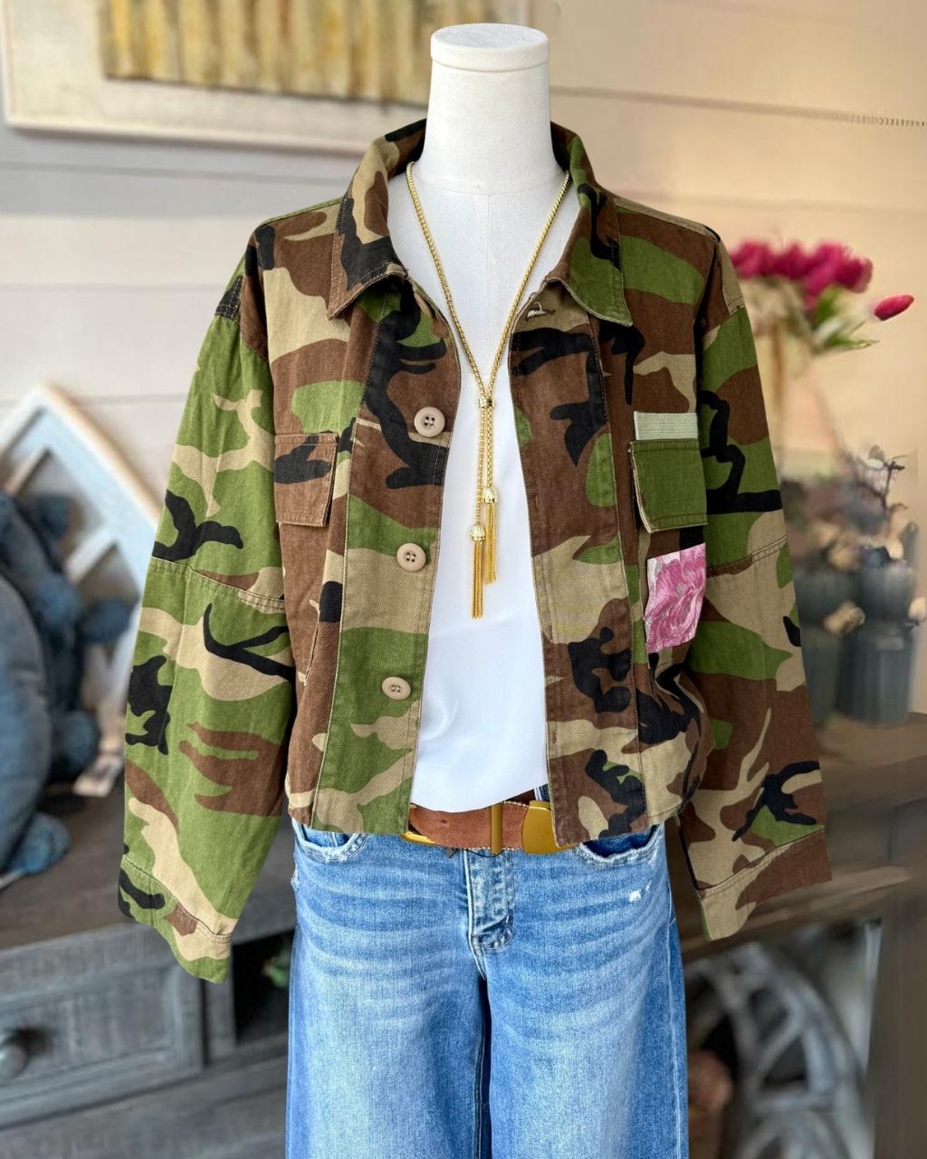 Camouflage Printed Floral Patchwork Jacket