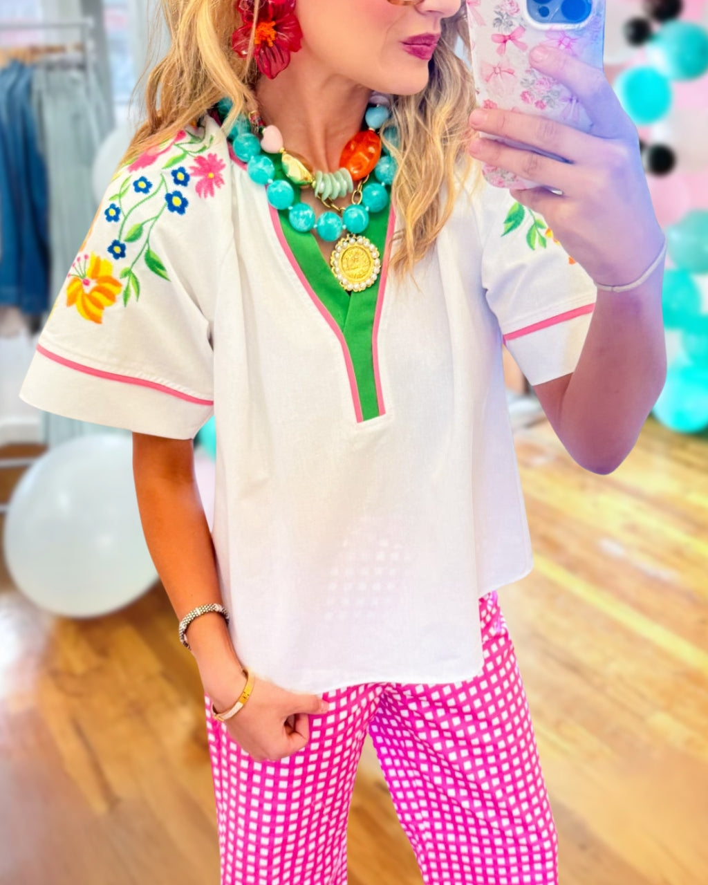 Floral Embroidery V-neck Poplin Top