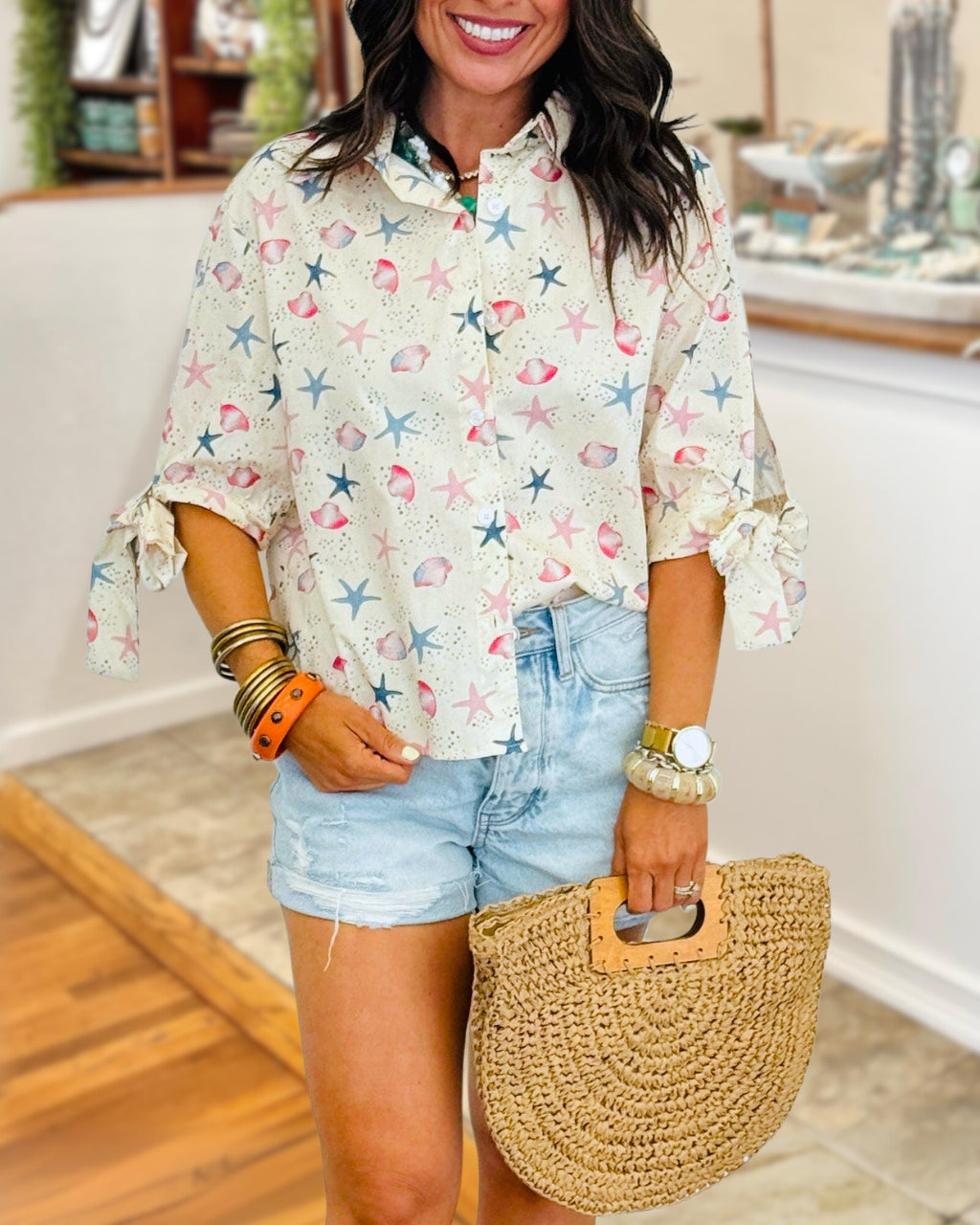 Chic Starfish Seashell Satin Shirt