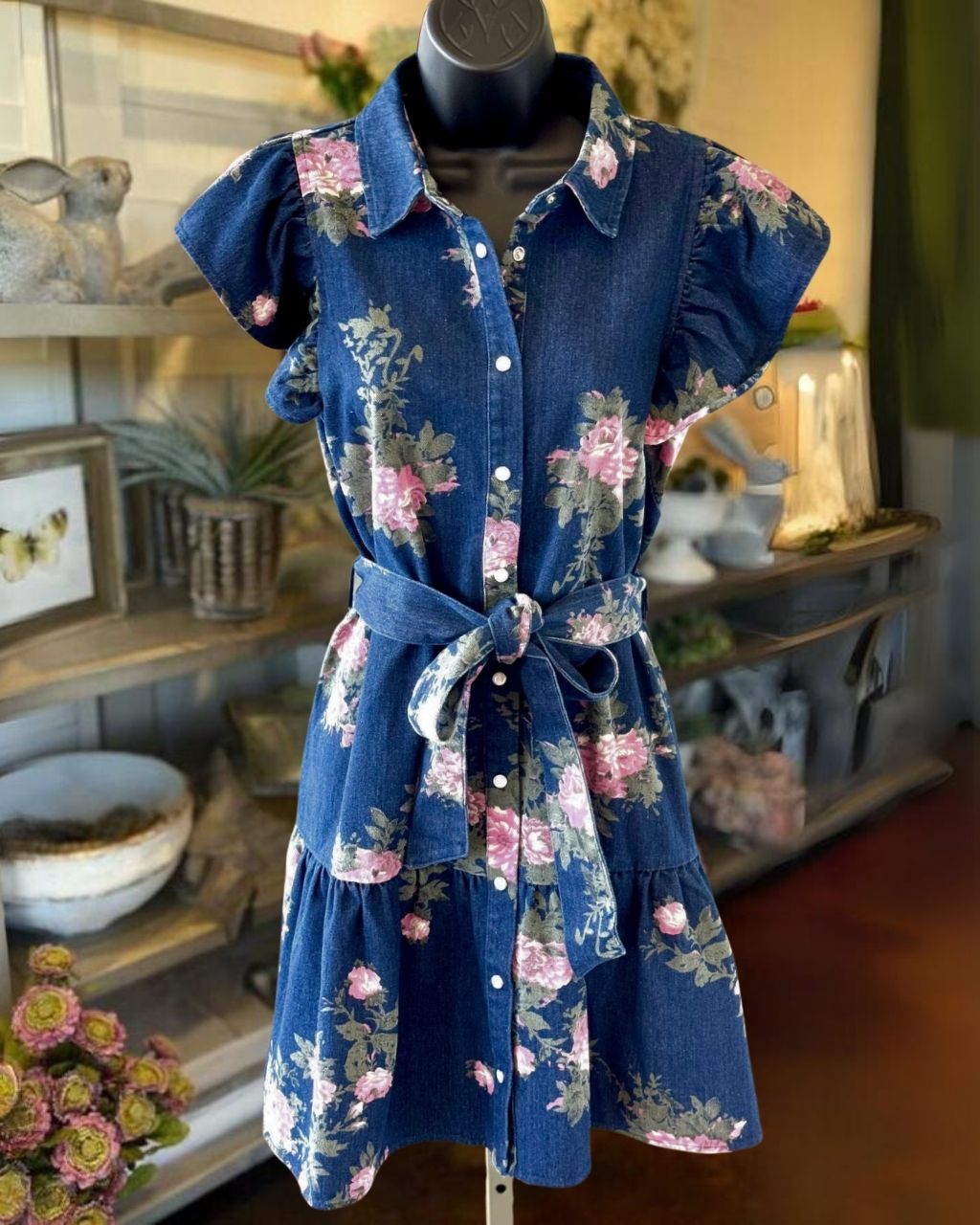 Floral Denim Belted Shirt Dress