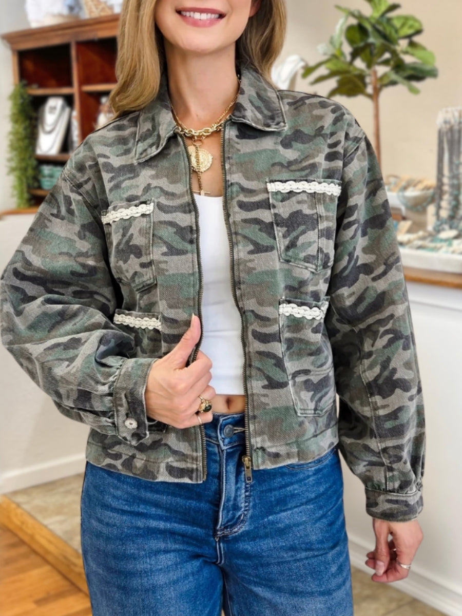 Camouflage Lace Distressed Washed Jacket