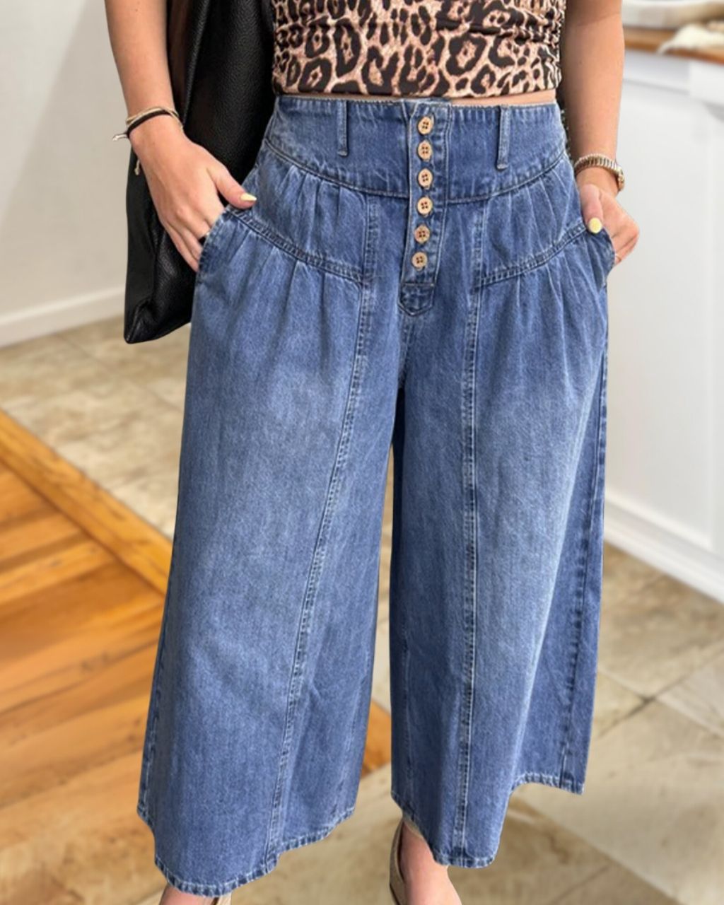High-Waisted Button-Front Wide-Leg Jeans