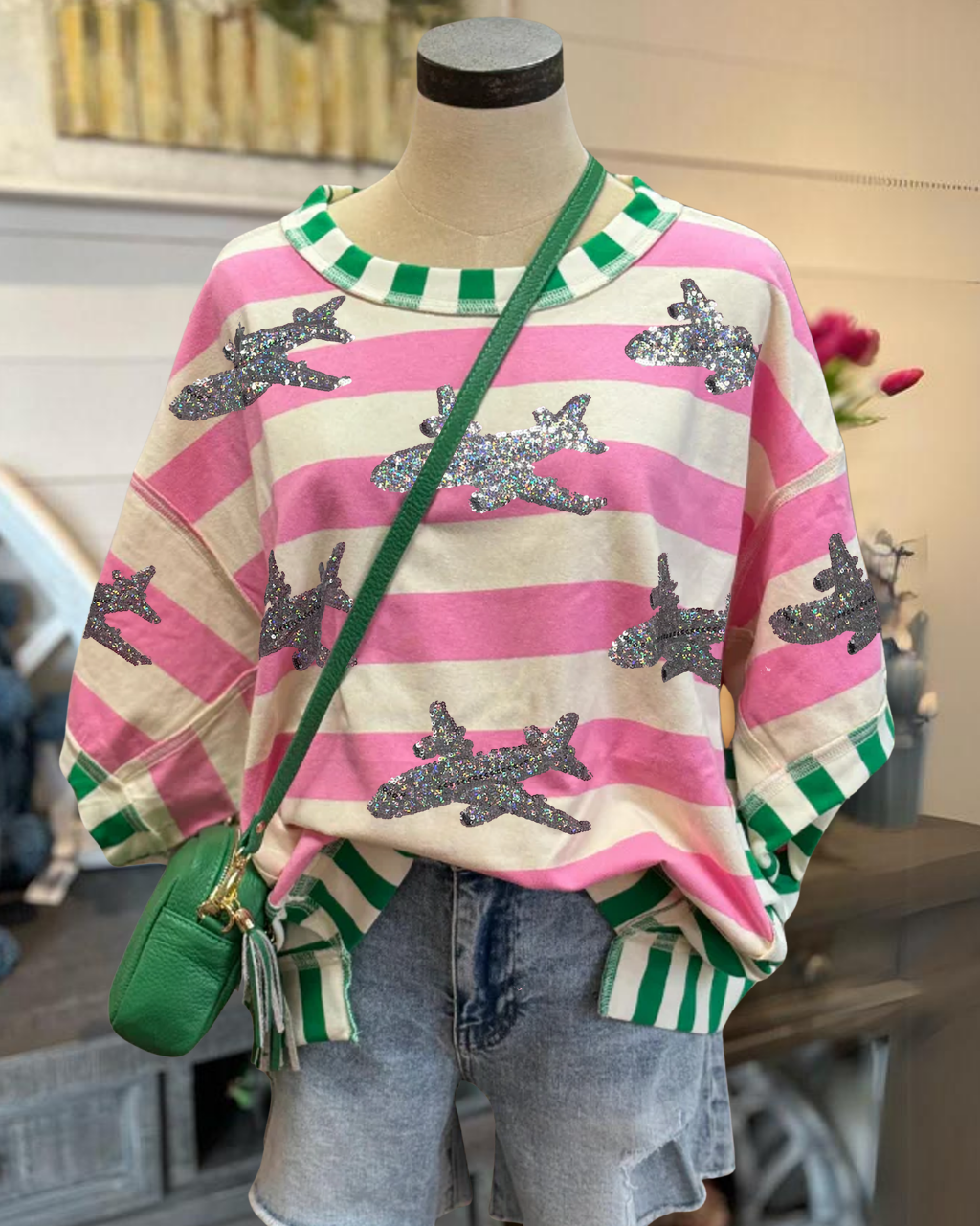 Airplane Sequin Contrast Striped T-shirt