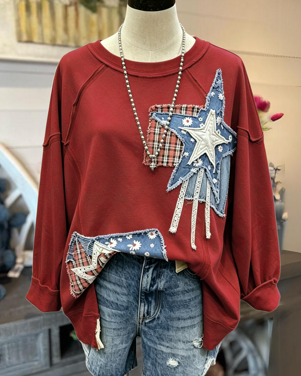 Star Denim Patch Embroidered Sweatshirt