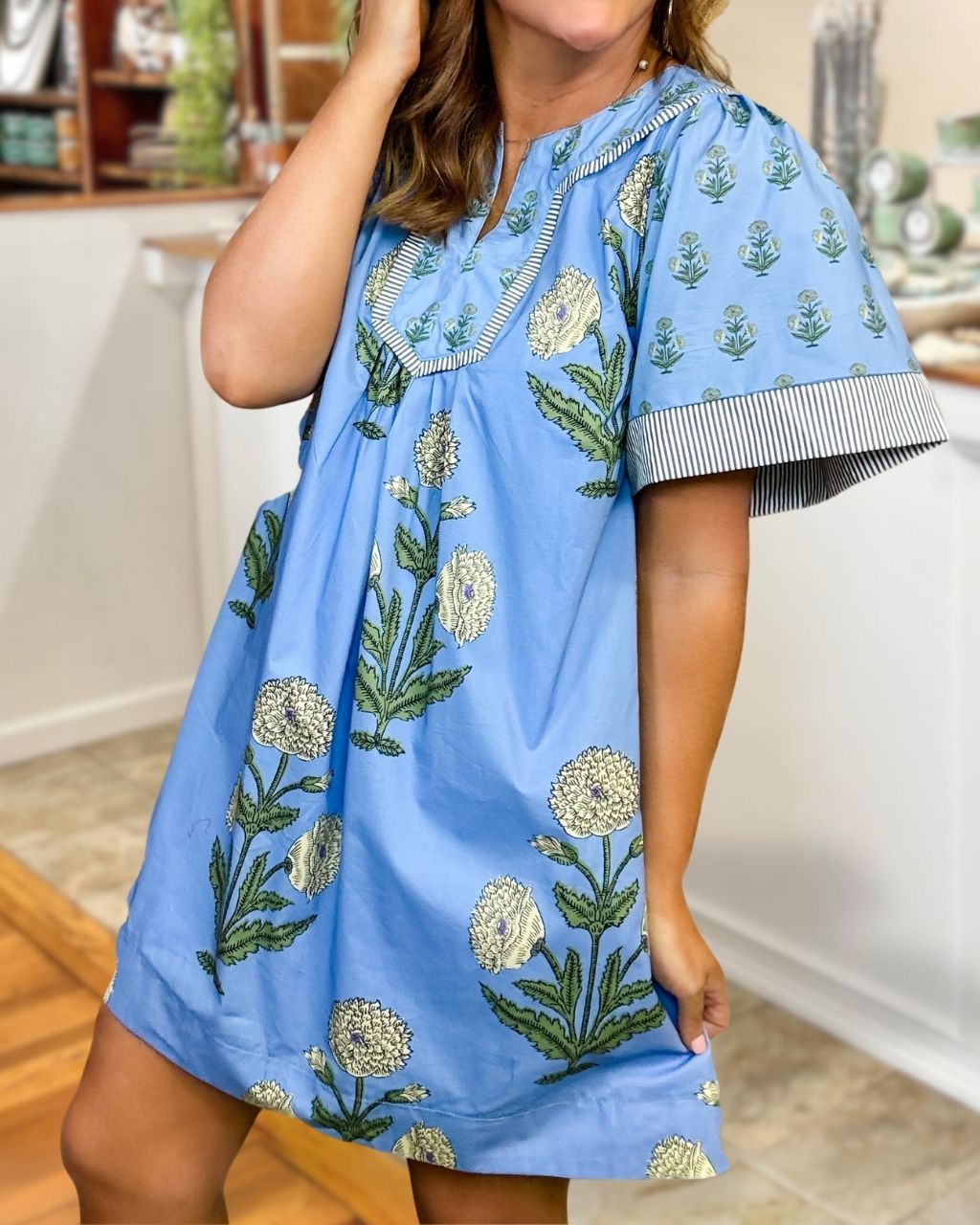 Botanical Print V-Neck Satin Dress