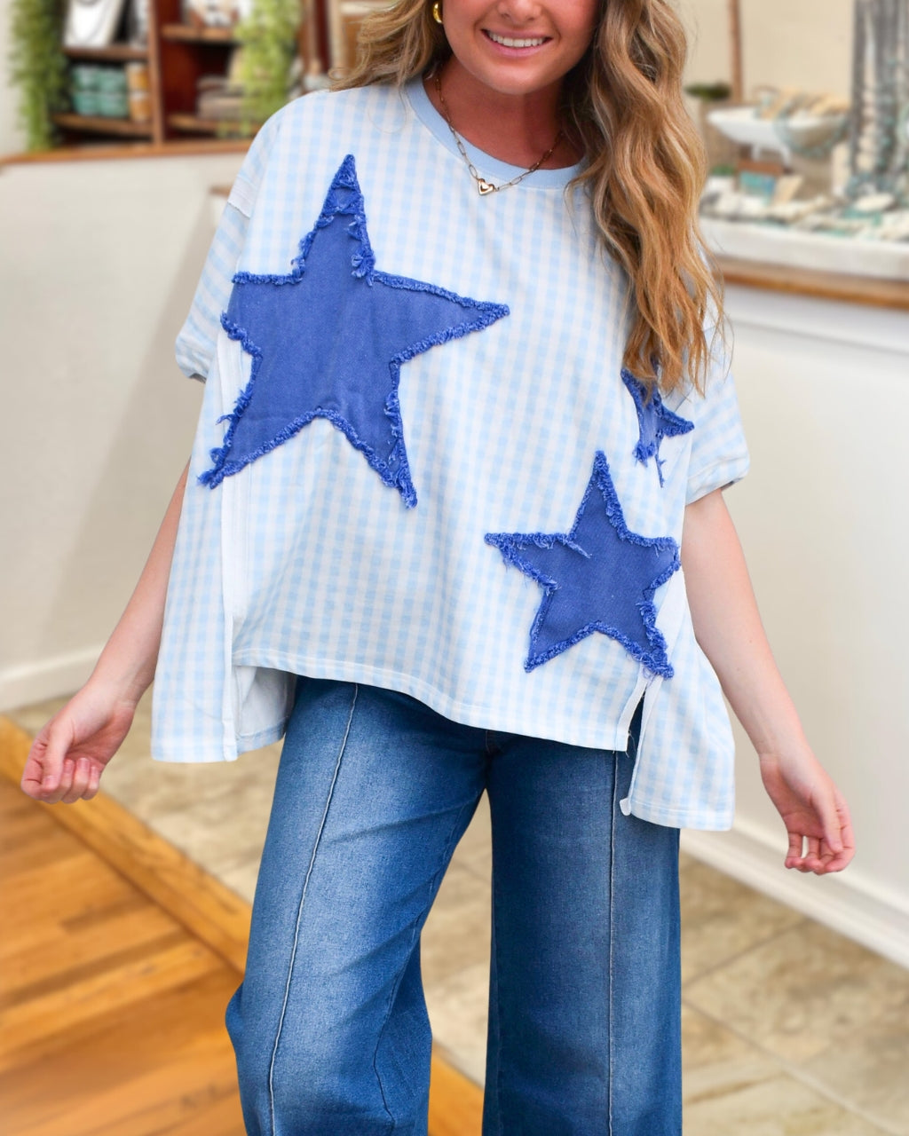 Star Embroidered Plaid Top