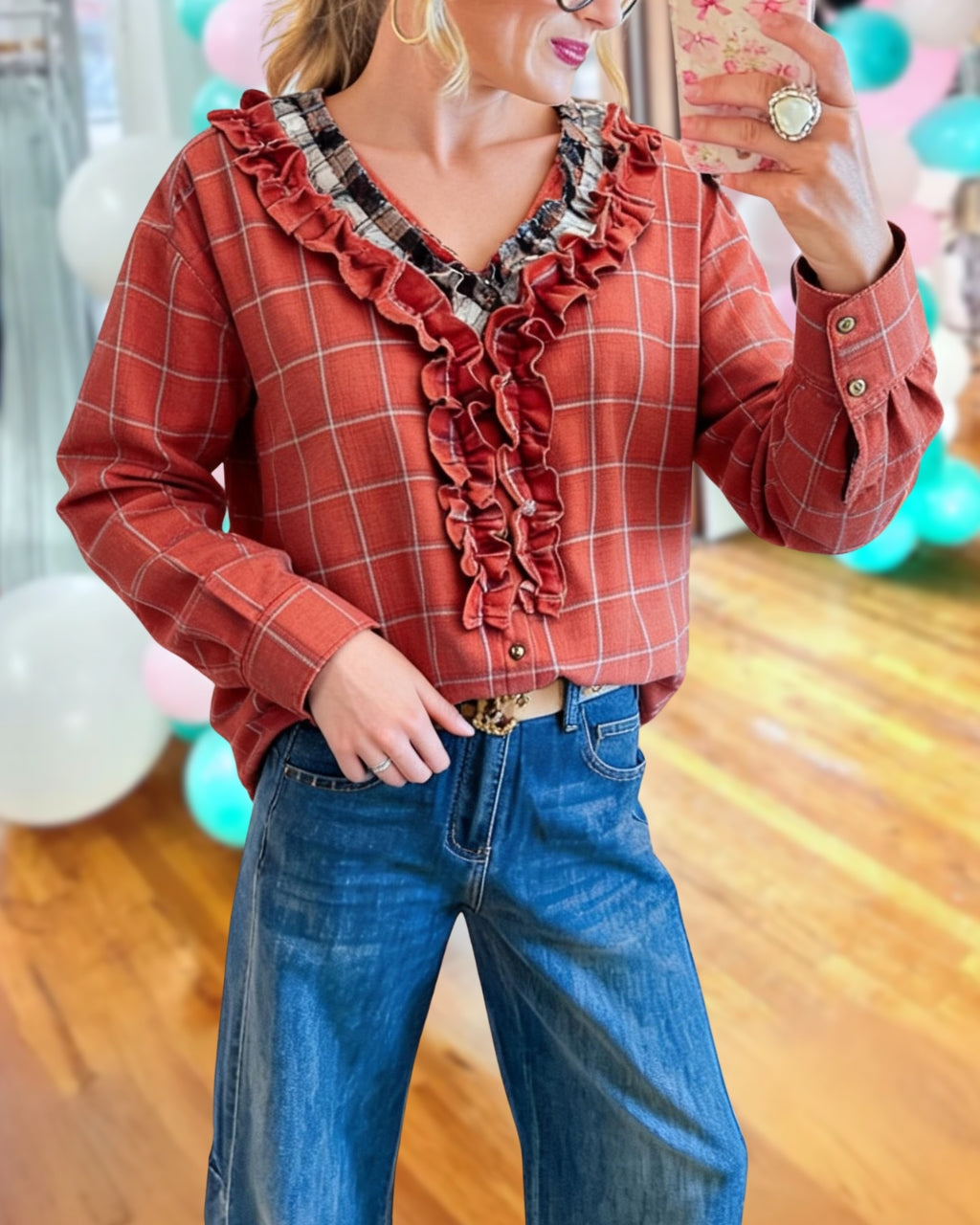 Double Ruffle Plaid Top