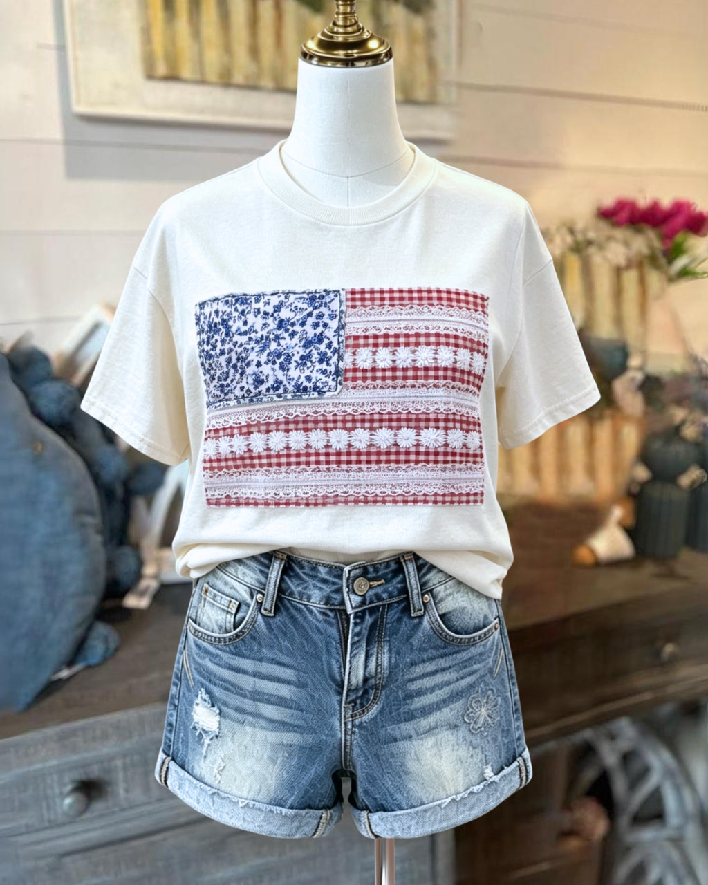 Floral Lace Flag Appliqué T-Shirt (Adult)