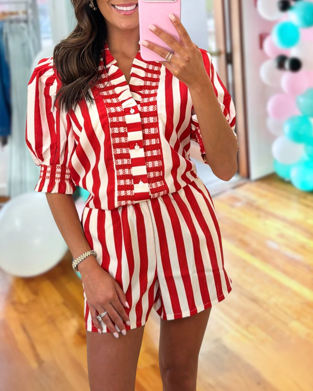 Ruffled V-neck Striped Shorts Set