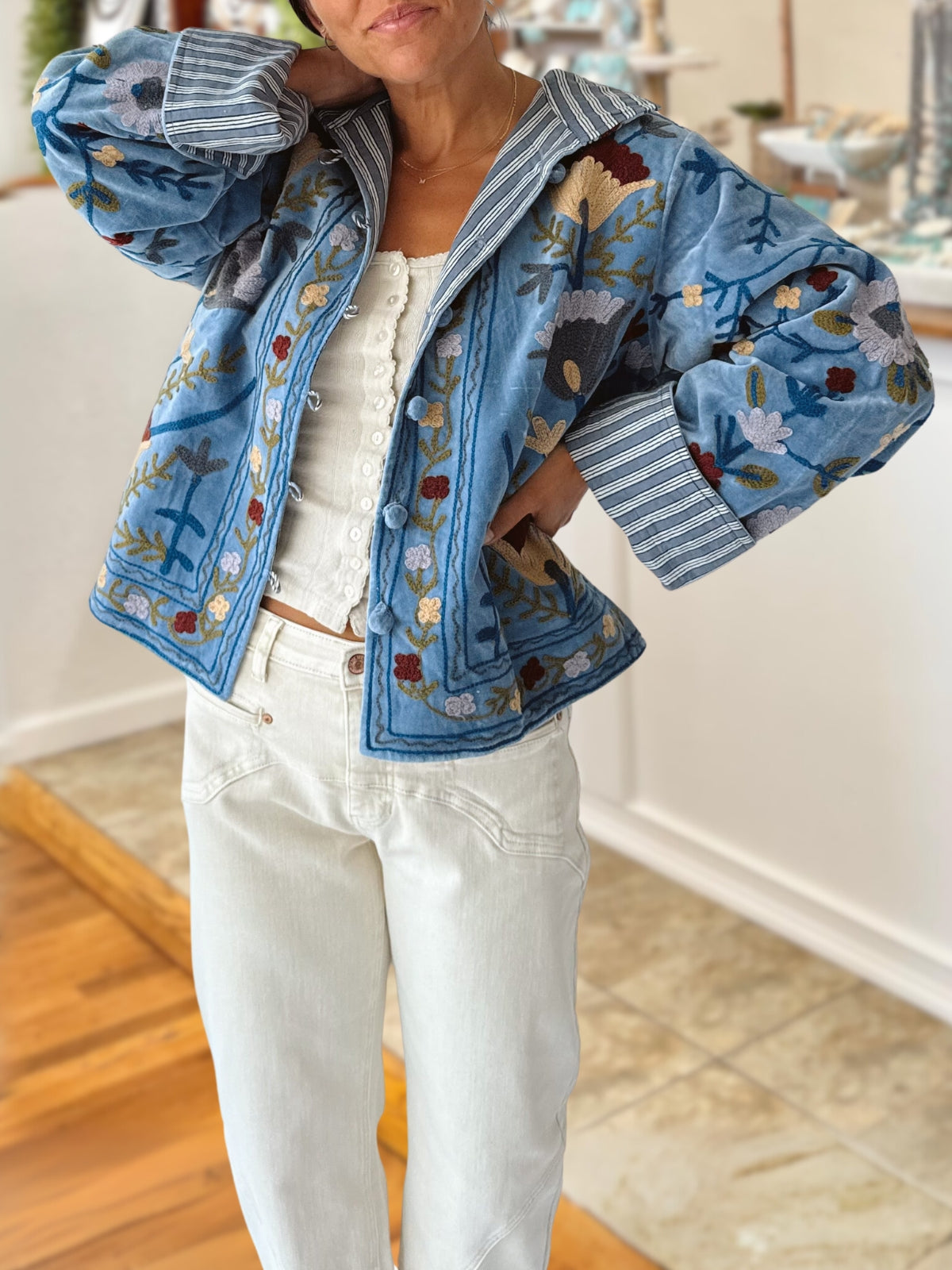 Quilted Floral Embroidered Denim Jacket