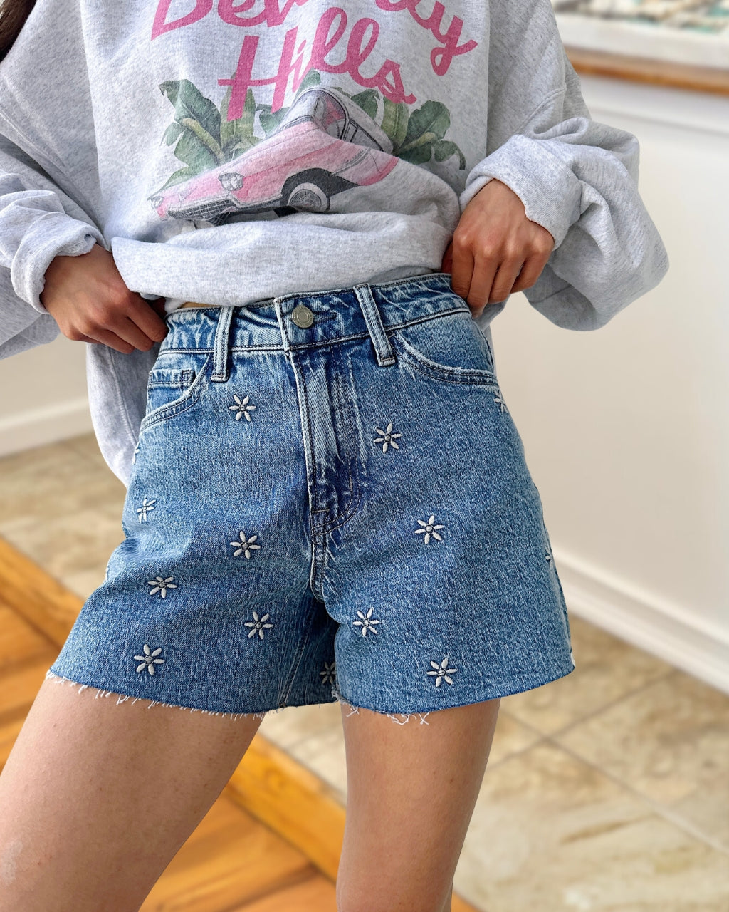 Daisy Embroidered Denim Shorts