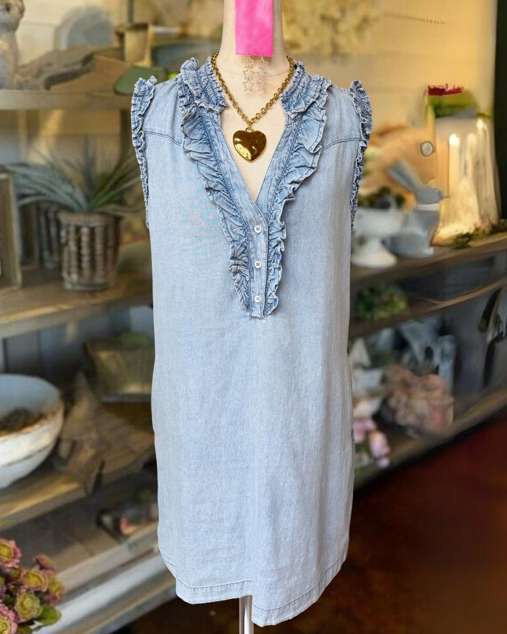 Ruffled Sleeveless Denim Dress
