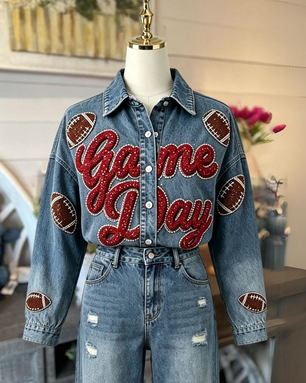 Game Day Sequined Football Denim Jacket