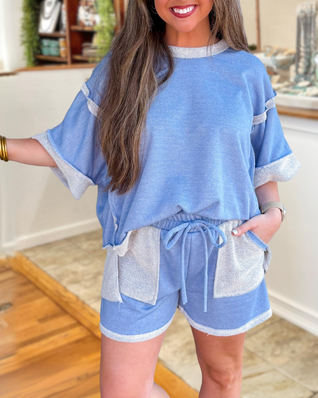 Reverse Stitching Patchwork Shorts Set