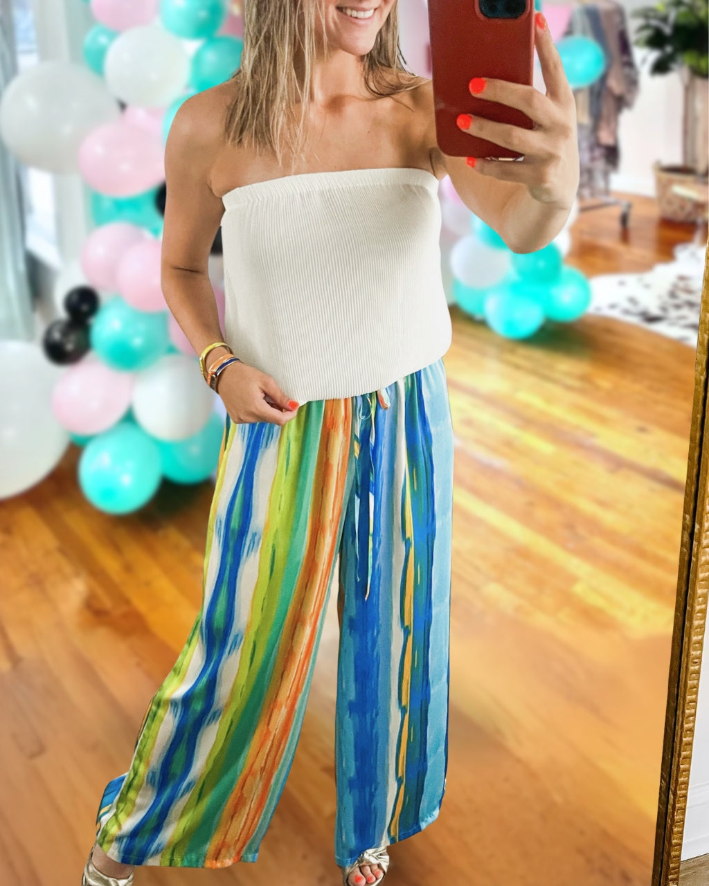 Oil-Painting Stripe Satin Wide-Leg Pants