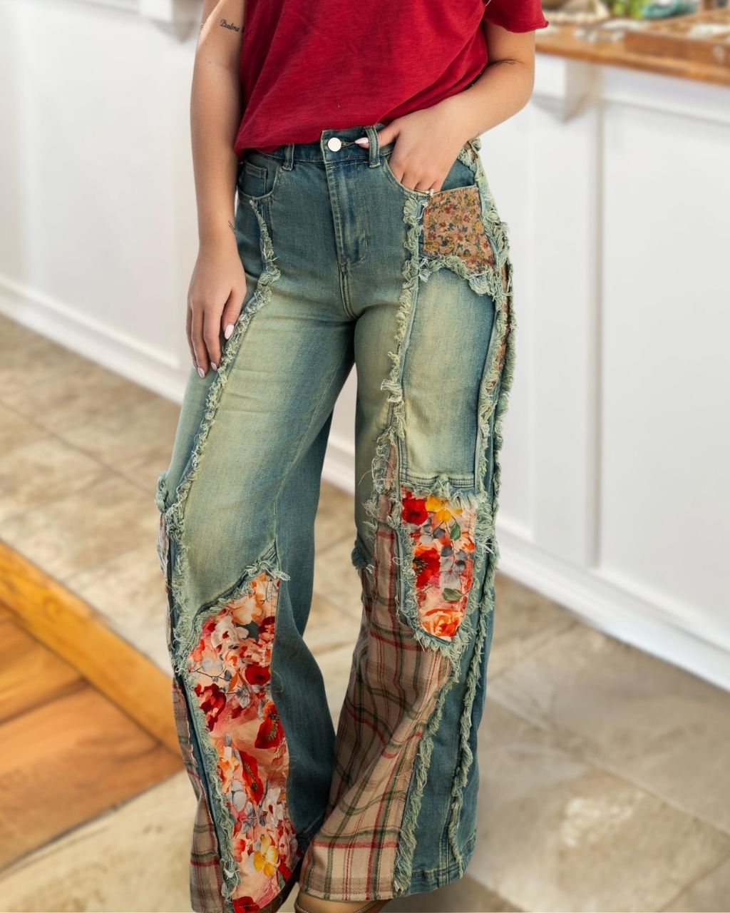 Floral Patchwork Stretch Denim Jeans