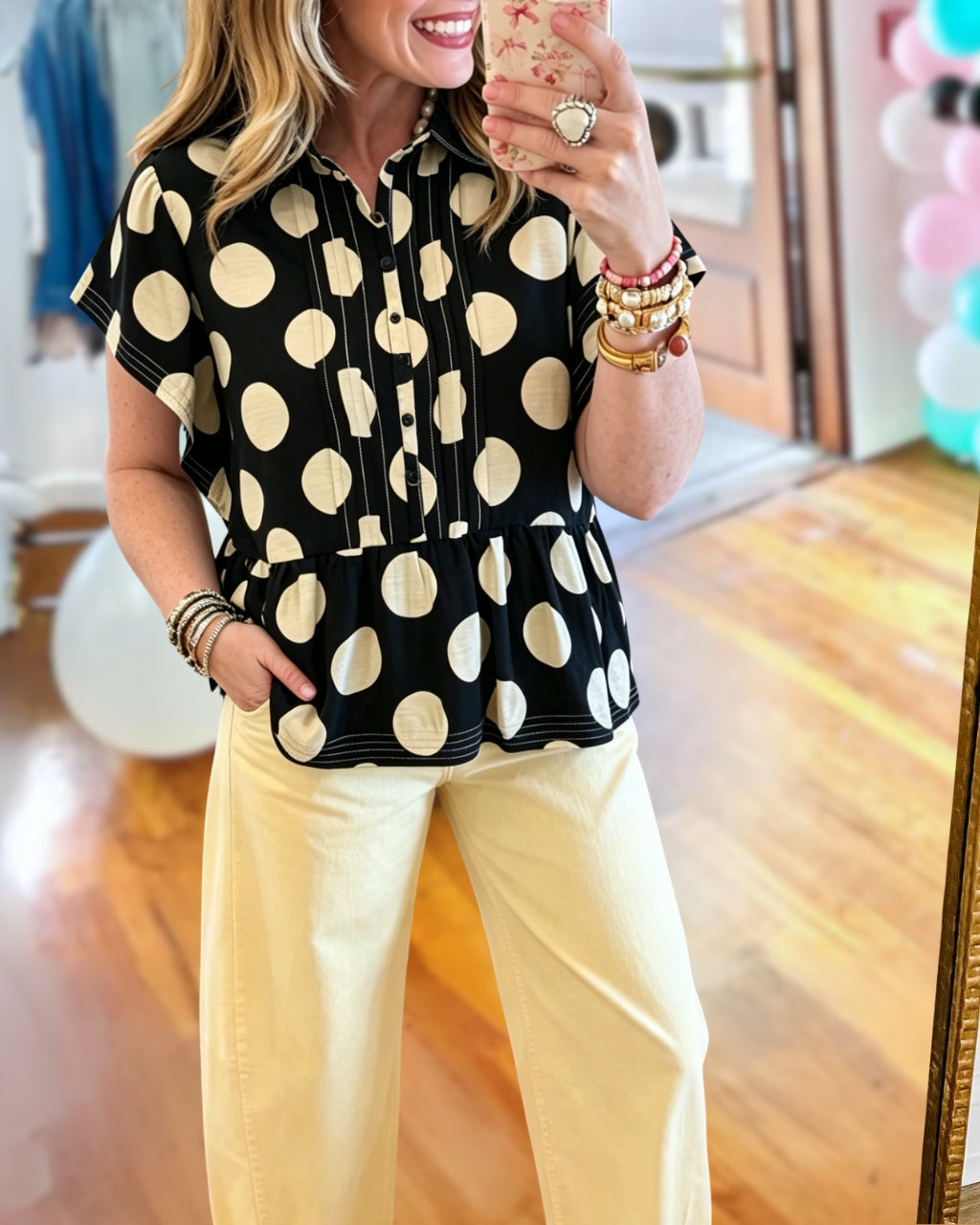 Chic Pleated Polka-Dot Top