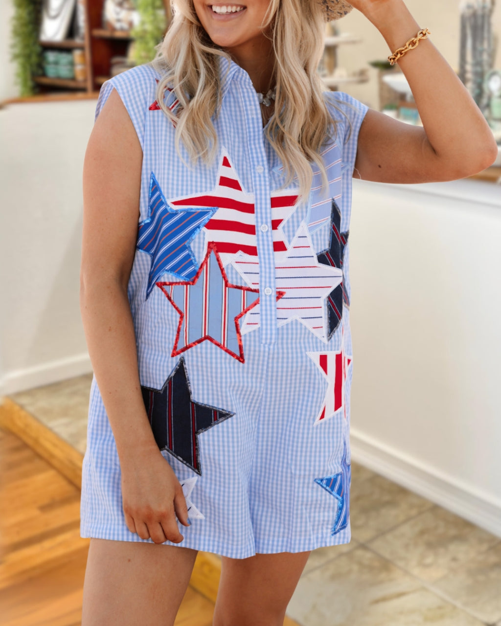 Star Sequined Embroidered Plaid Jumpsuit