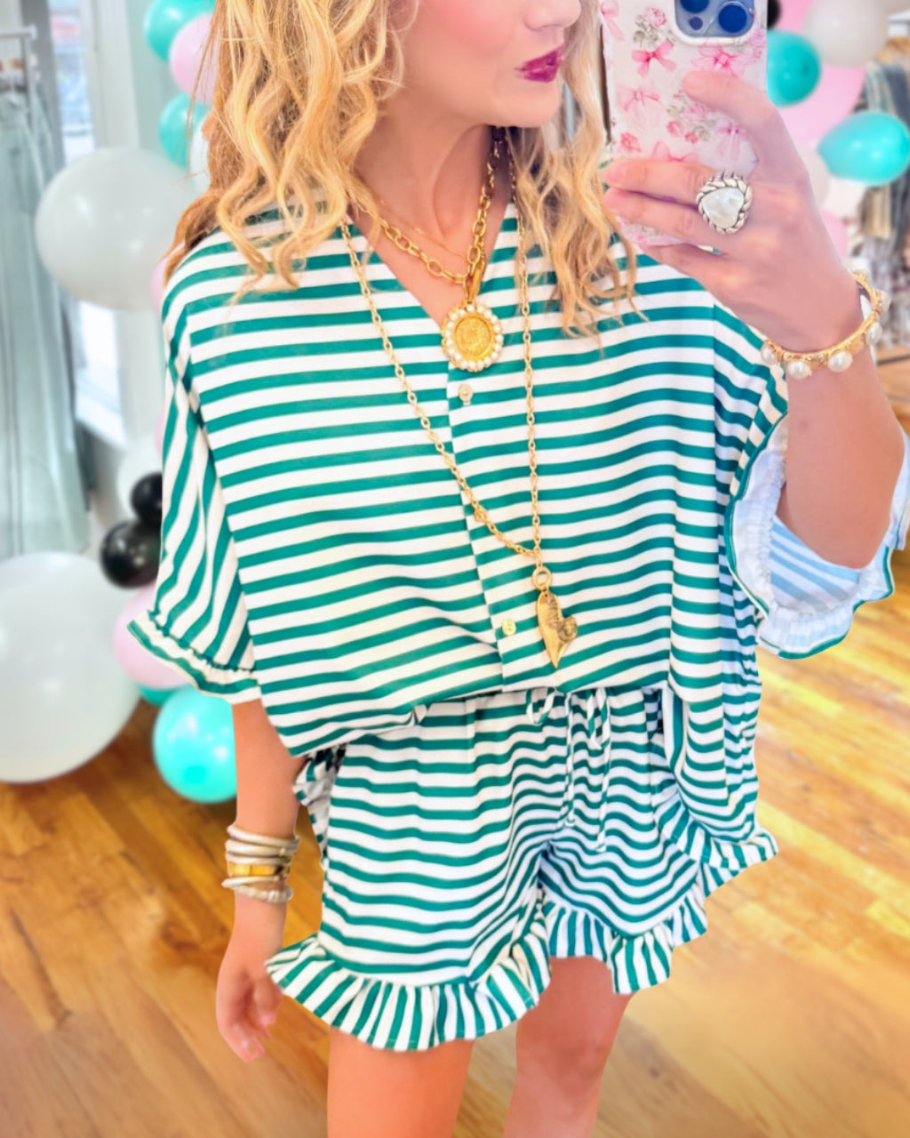 Casual Striped Ruffled Shorts Set