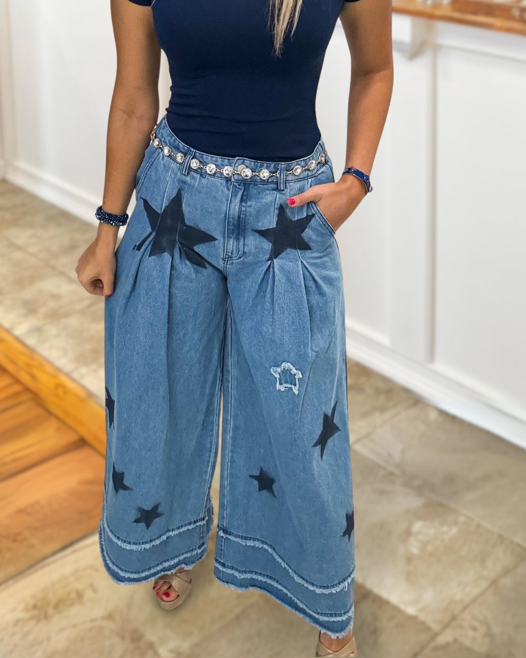 Star-Print Wide-Leg Denim Pants