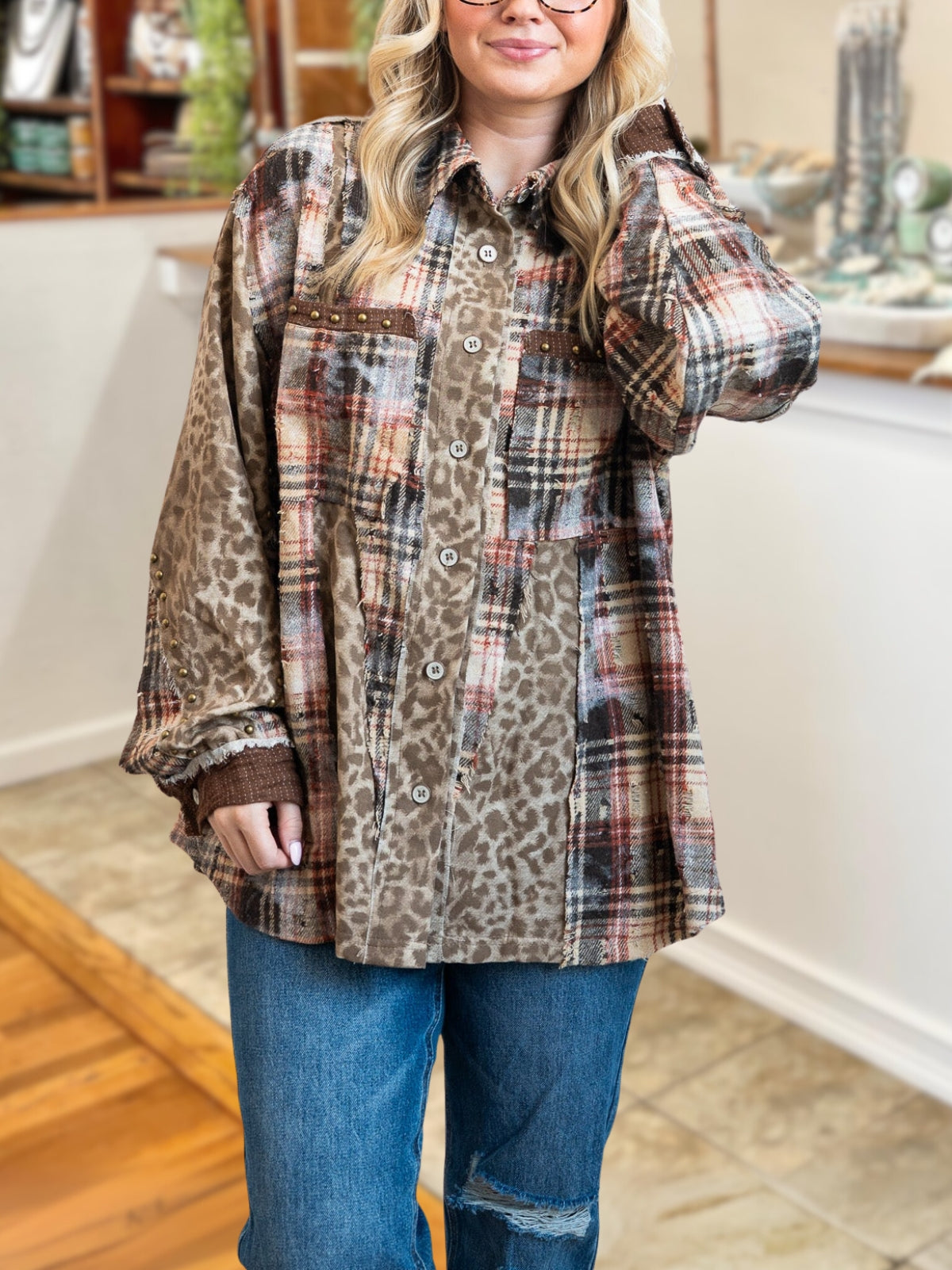 Leopard Print Plaid Patchwork Wool Blend Shirt